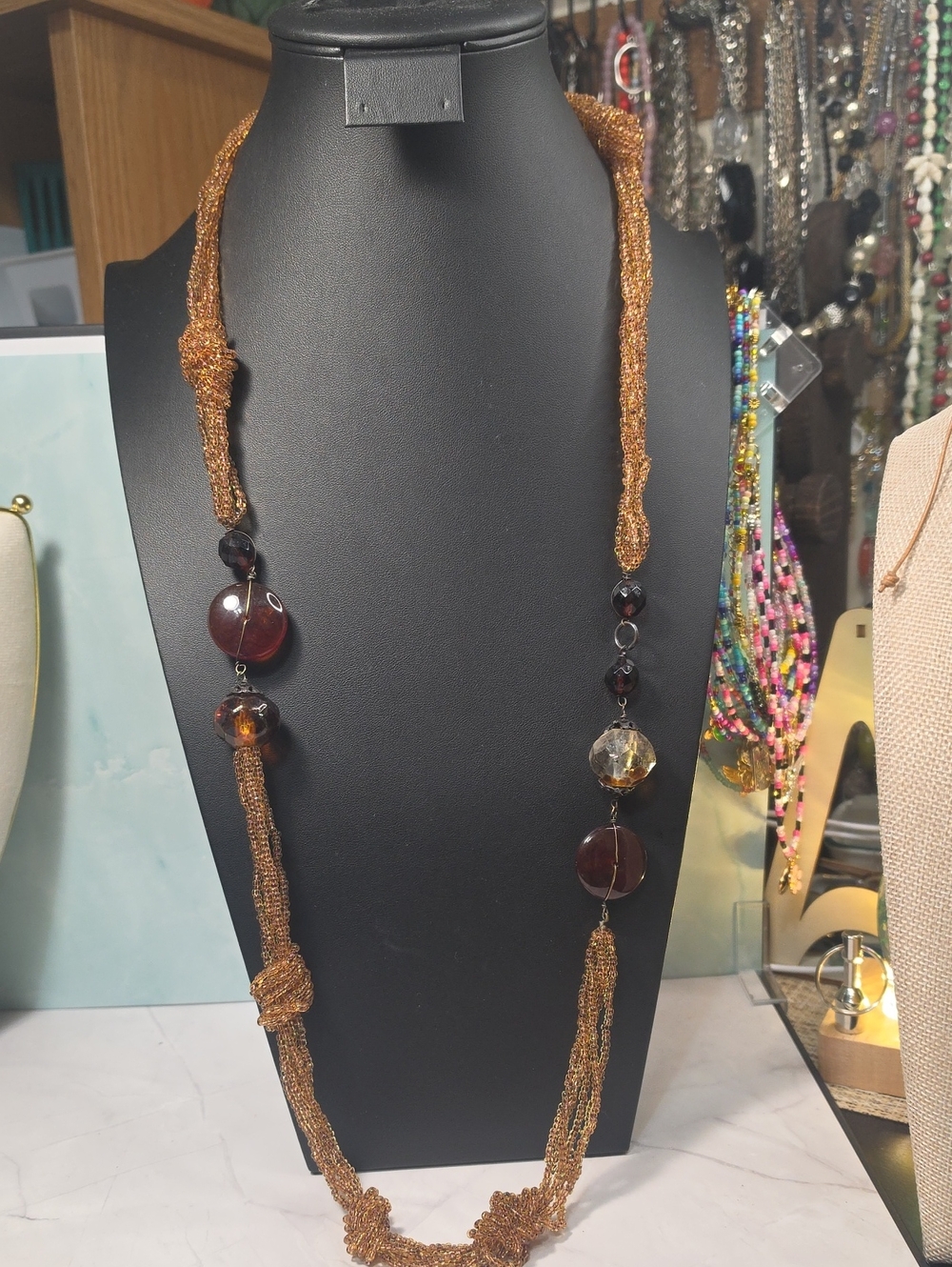 Handmade Brown Bead & Knit Long Necklace